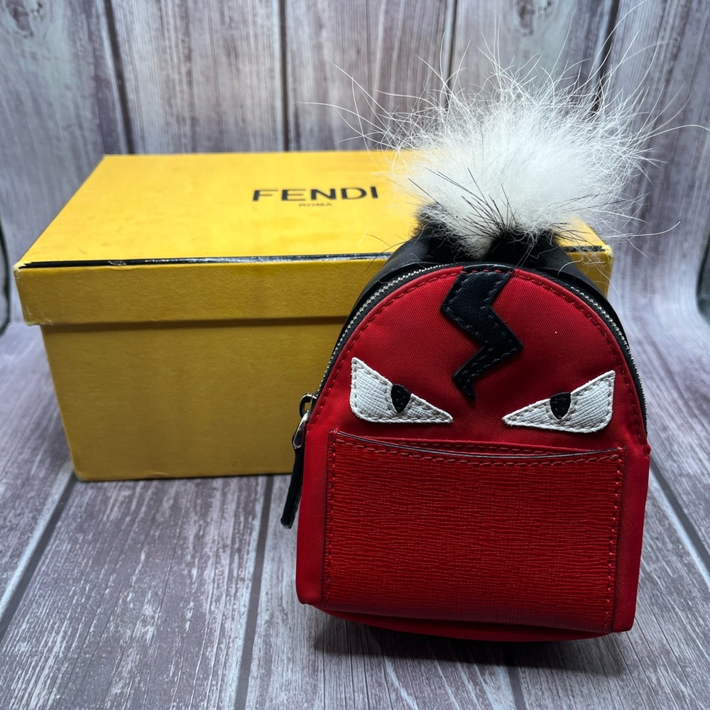 FENDI Monster Mini Backpack Bag Charm Leather Nylon & Fur Red Black w/ Box RARE - Picture 4 of 16